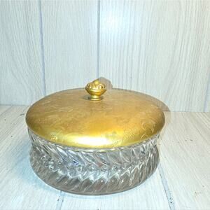 Vtg Etched Brass Lid Glass Candy Dish Vanity Table Powder Jar Jewlery Box